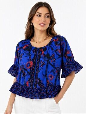 Style & Co. Floral Pattern Pullover Top Blue Red Medium